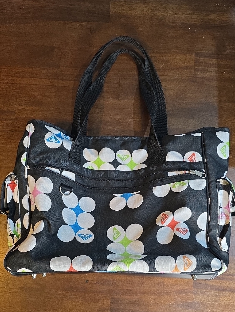 Y2k Roxy Duffel Bag with White Circles and Neon Multicolor Logos
